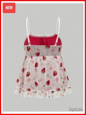 Strawberry Print Mesh Camisole Lace Peplum Top Plus Size
